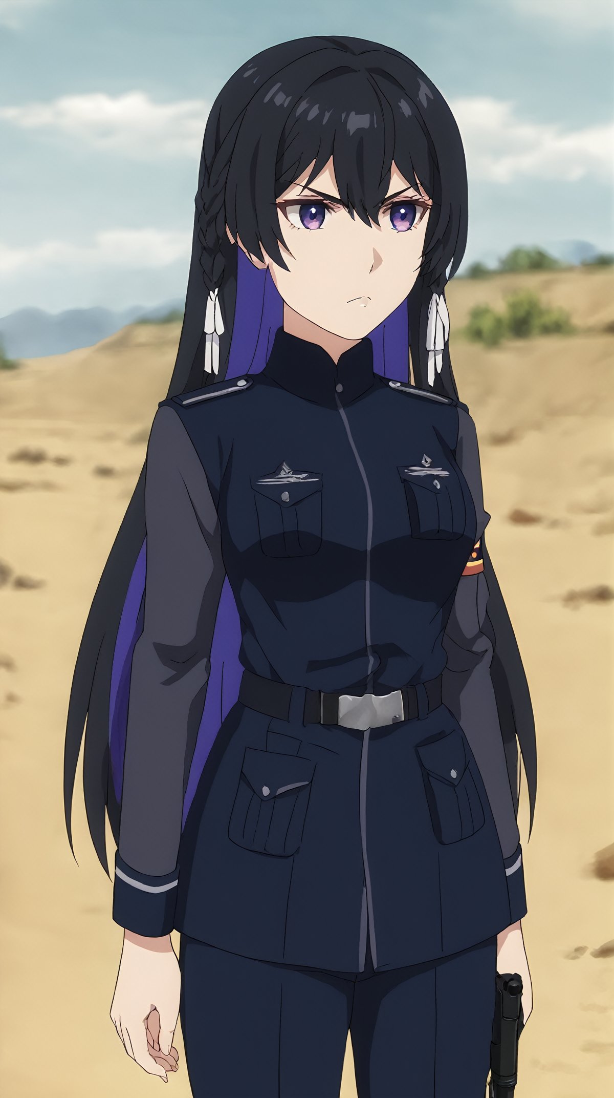 <lora:tinasha.pony.v3:0.85> score_9, score_8_up, score_7_up, tinashapurple eyes, 1girl,solo,standing,stern look, serious,blue uniform,military uniform, combat uniform,outdoors,  battlefield,