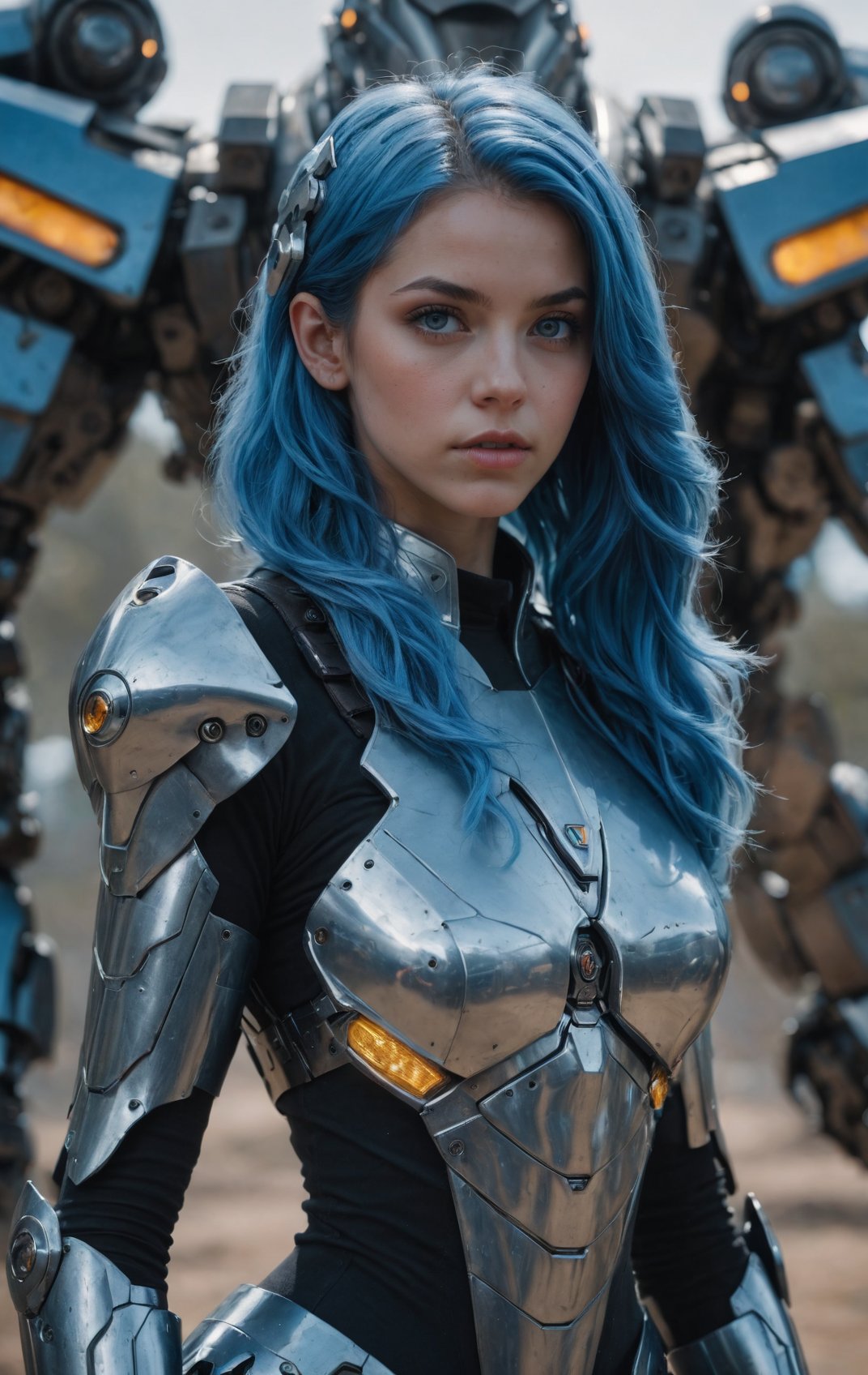 masterpiece, best quality,cinematic film still, realistic, 1girl, mecha scifi, solo, blue hair, blue eyes, cape, long hair, armor, looking at viewer, outdoors, lips, headgear, standing, science fiction, gauntlets, mechanical arms, realistic, arms at sides, depth of field,highres, 4k, 8k, intricate detail, cinematic lighting, amazing quality, wallpaper <lora:aesthetic_anime_v1s:1.2>