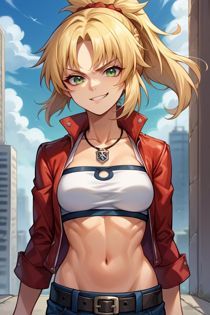 score_9, score_8_up, score_7_up, score_6_up, source_anime, BREAK 1girl, solo, <lora:mordred-pdxl-nvwls-v1-000005:1> casualMord, blonde hair, green eyes, ponytail, necklace, white tube top, midriff, red jacket, belt, short shorts, denim shorts, looking at you, smirk, city, blue sky, upper body, medium breasts