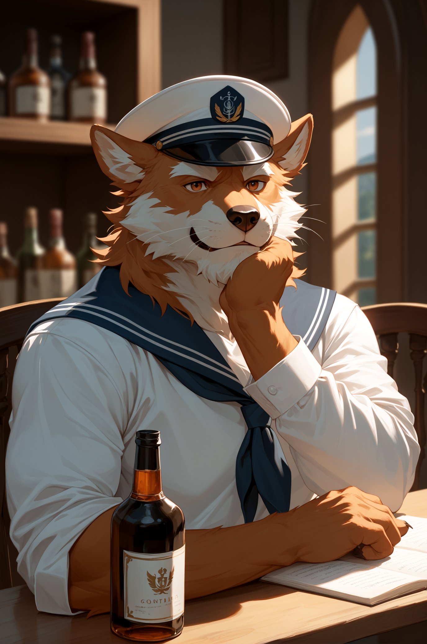 score_9,score_8_up,score_7_up,furry,kemono,high quality,full body,tail,furry,rating_explicit,embedding:zPDXL2 BREAK anthro male furry,very hairy,( ((Sailor hat,open Sailor Suit)),Rugged scruffy weathered old sailor, a portrait of a seaman with a rugged, ships captain, thick beard, capturing a slightly befuddled expression, he is sitting at the table next to him there is a bottle of whiskey, focus is on his facial expressions and the subtle details like the texture of his long beard and the glint in his eyes, cozy, moody cinematic atmosphere, soft cinematic light, RAW photo, dreamy soft focus, detailed photo, gorgeous, shallow depth of field, bokeh, volumetric lighting, iridescent skin, (surreal:0.4), hyper detailed photorealistic life-like accurate proportional 8k sharp focus, (accurate cinematic lighting),