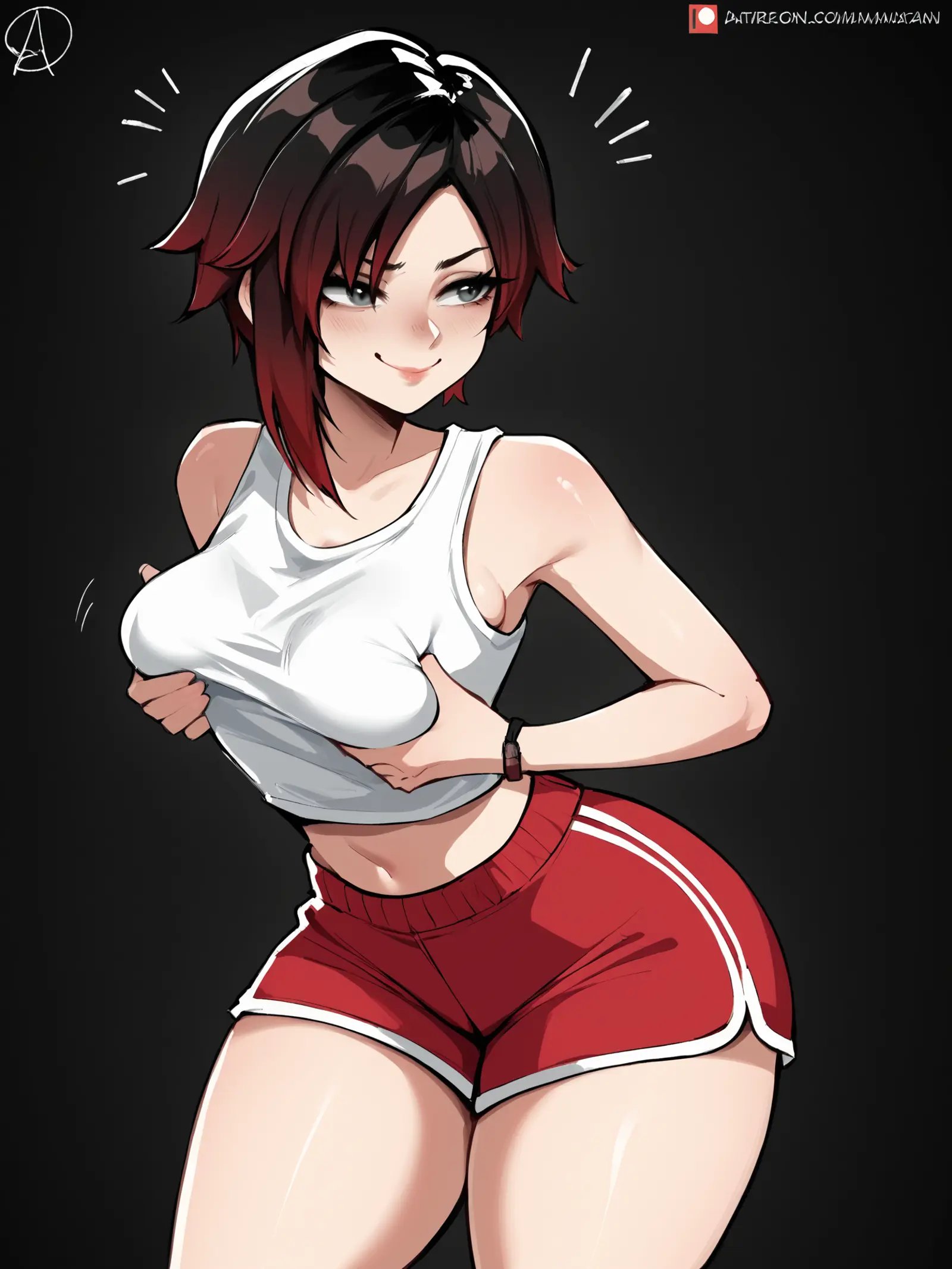 score_9, score_8_up, score_7_up, score_6_up, score_5_up, score_4_up,BREAKruby rose, black eyes, (black hair:1.1), gradient hair, red hair, smug, closed mouth,BREAKsolo, standing, cowboy shot, medium breasts, thick thighs, white tank top, red sport shorts, arched back, leaning forward, breast grab, groping, breast squeeze,BREAKblack background, simple background, <lora:Lunas-Almualim-SDXL-A1:1>