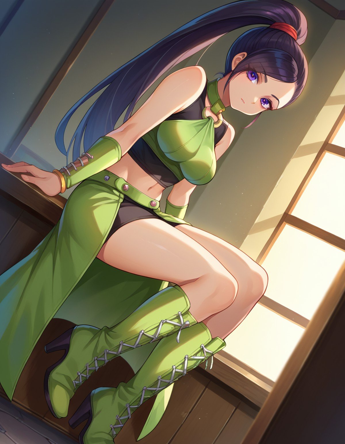 score_9, score_8_up, score_7_up, source_anime,dqmartina, <lora:dq-martina-ponyxl-lora-nochekaiser:1>,martina, long hair, ponytail, purple eyes, black hair,bare shoulders, boots, crop top, cross-laced footwear, green footwear, high heel boots, high heels, knee boots, lace-up boots, navel, bare legs,indoors,looking at viewer, dutch angle, cowboy shot,