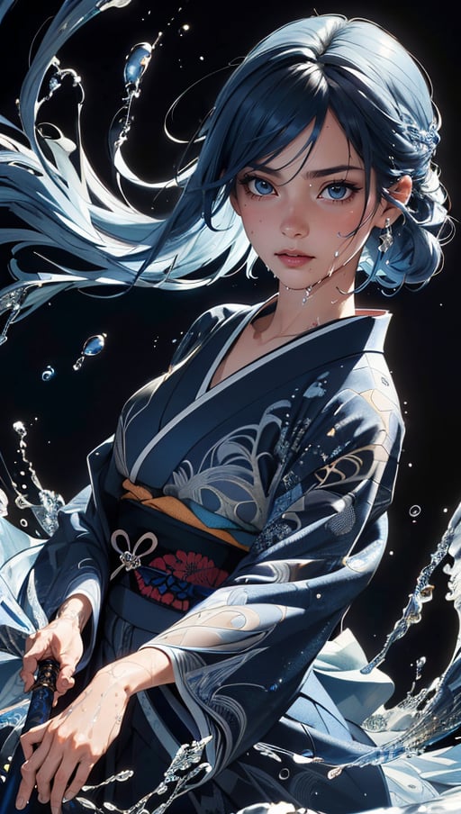 (best quality, masterpiece, colorful, dynamic angle, highest detailed)full body photo, ull body photo epic realistic, (close up), 1girl, floating blue_hair, long hair, (water:0.7), waterdrop, wet, holding_katana, blue_kimono with intricate pattern, ultra detailed, (textured_clothing), black_background,  (intricate details, hyperdetailed:1.15), detailed, light passing through hair, (official art, extreme detailed, highest detailed),