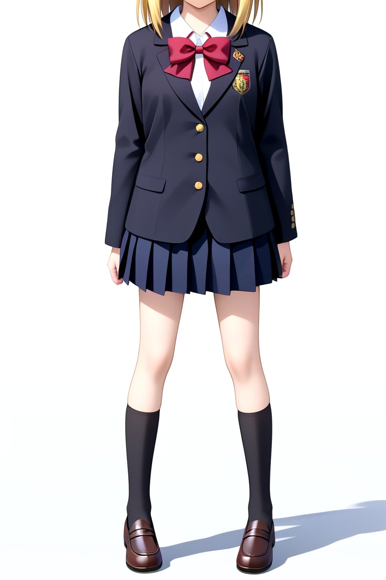 Highly detailed, High Quality, masterpiece, beautiful, 1girl, solo, skirt, simple background, long sleeves, white background, school uniform, (black jacket:1.5), female focus, pleated skirt, black skirt, bow, arms at sides, thighhighs, black thighhighs, zettai ryouiki, shoes, headless, from front, front view<lora:EMS-418350-EMS:0.800000>