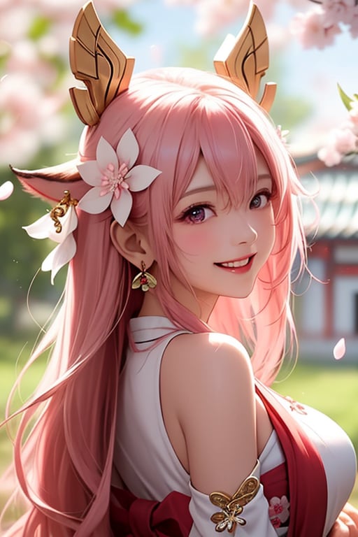 ba shen zi,1girl,solo,pink hair,purple eyes,long hair,cherry blossoms,hair ornament,animal ears,hair between eyes,flower,fox ears,parted lips,bare shoulders,bangs,hair flower,jewelry,earrings,japanese clothes,upper body,petals,smile,blush,from side,blush,breasts,bangs,hair ornament,blurry,paper lantern,closed mouth,looking back,blurry,cheerful demeanor,radiant smile,bright personality,warm-hearted nature,optimistic outlook,vibrant energy,sun-kissed complexion,joyful laughter,free-spirited,carefree attitude,(outgoing nature:1.2),uplifting presence,playful spirit,(positive vibes:1.2),(lively enthusiasm:1.1),(beaming with happiness:1.3),(natural beauty:1.2),(sunshine in her eyes:1.1),(infectious laughter:1.3),<lora:aki-000002:0.5>,