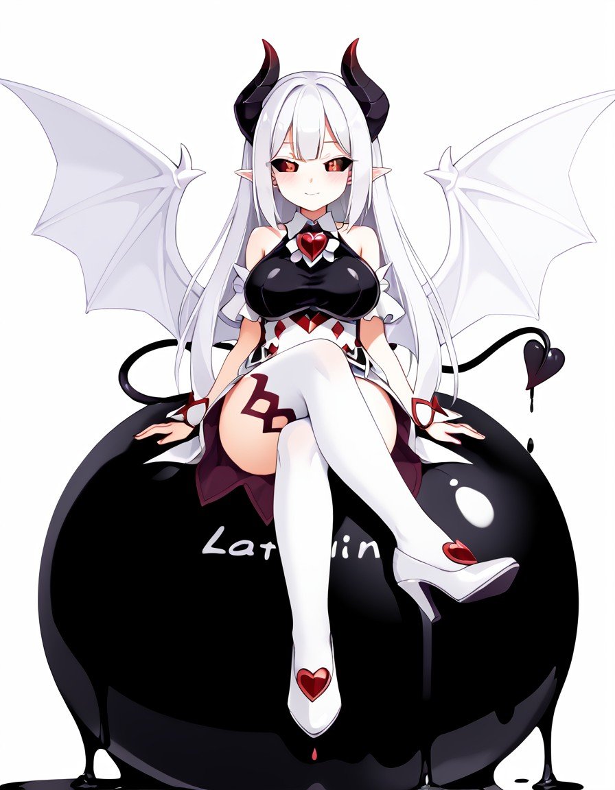 (masterpiece), best quality, expressive eyes, perfect face, (lilim:1.25), (lilim horns), (front-facing horns:1.2), prehensile tail, demon tail, white hair, hip wings, leathery wings, colored sclera, black sclera, red eyes, white wings, white tail, white background, sitting on ball of slime, black slime, floating, dripping liquid, legs crossed, large breasts, <lora:80e49870-1c5b-410a-8ce3-46088809dc5f:1.0>