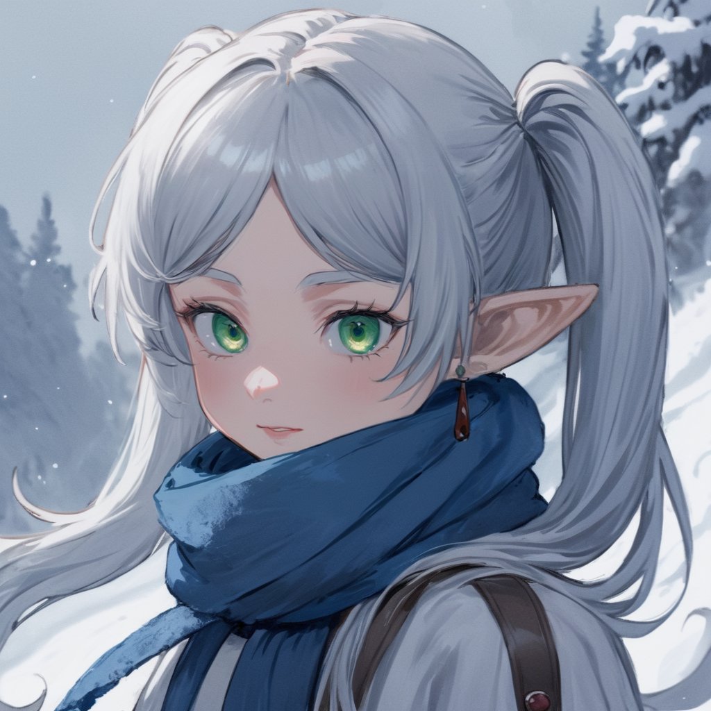 Digital art, masterpiece A detailed and cinematic wallpaper, closeup portrait of a girl Frieren standing in snow with blue scarf, green eyes, silver hair with twintails<lora:frieren_xl_2-000012:1>