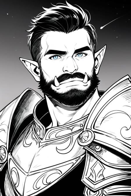 score_9, score_8_up, score_7_up, rating_safe, monochrome, greyscale, 1boy, solo, male focus, mature male, orc, green skin, tusks, blue eyes, short hair, black hair, facial hair, beard, mustache, looking at viewer, armor, shoulder armor, breastplate, pauldrons, upper body, closed mouth, standing, outdoors, night, night sky, dark background <lora:Line Art Style LoRA XL:0.8>