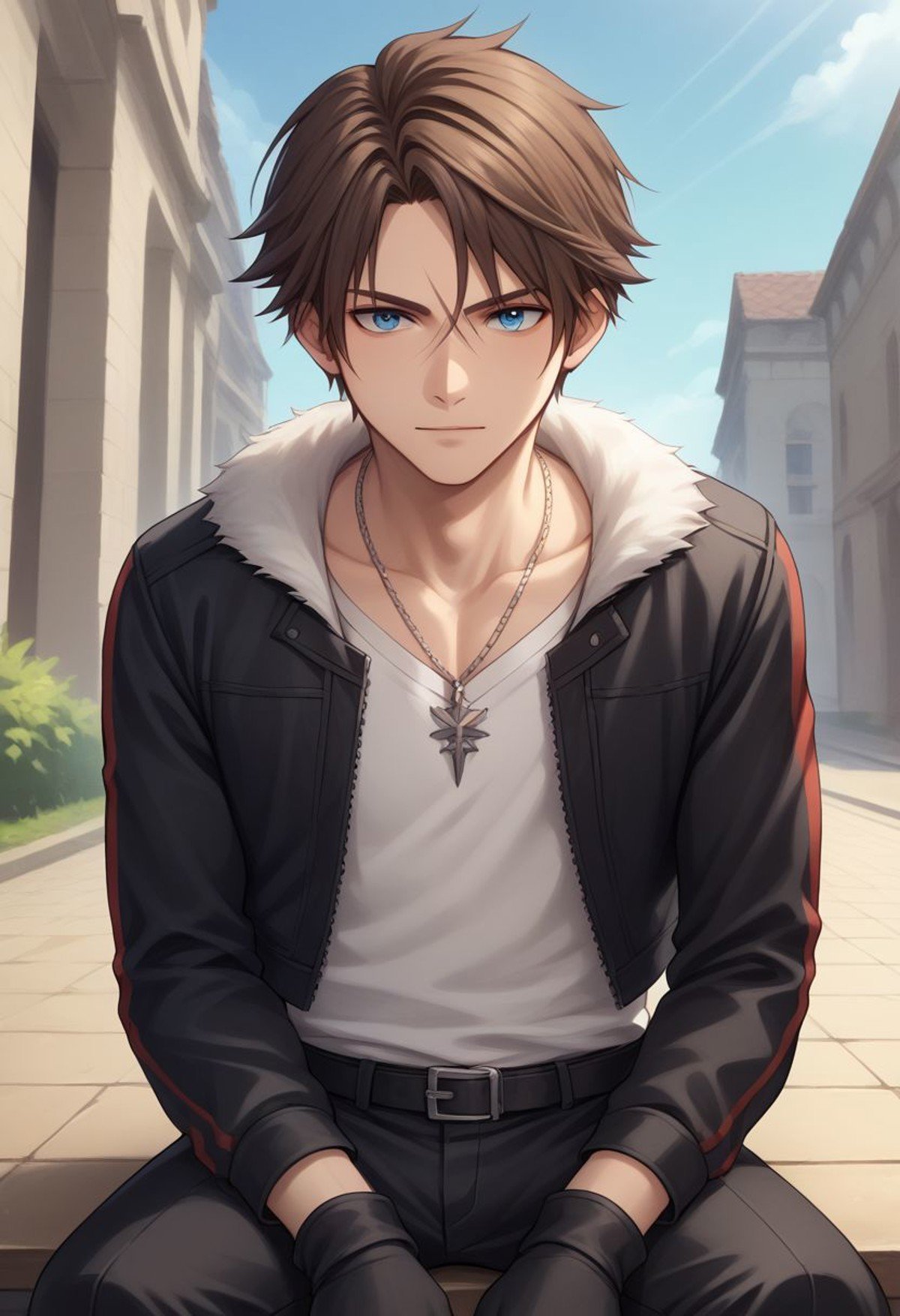 score_9, score_8_up, score_7_up, source_anime, highly detailed, 1boy, solo, skinny,squall, 1boy, jewelry, male focus, necklace, solo, brown hair, short hair, gloves, white shirt, blue eyes, shirt, black gloves, jacket, black jacket, trim jacket, red scar, scar on face, parted bangs, black pants,outdoor, sit,