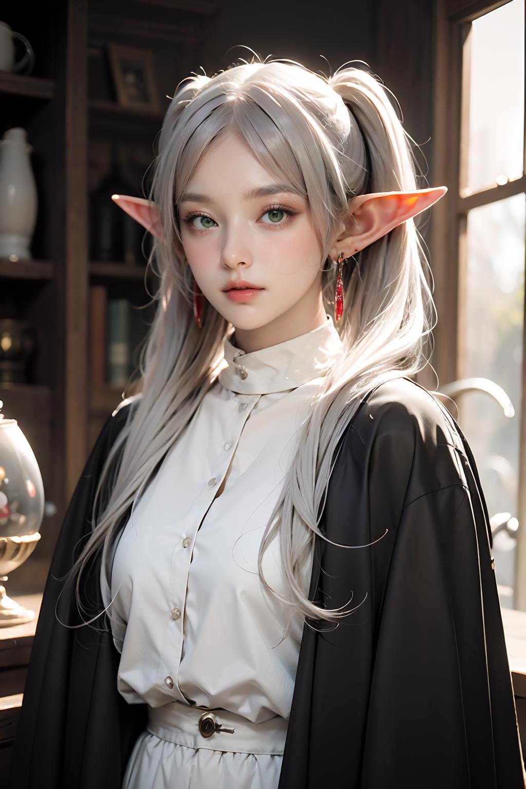 <lora:jingling_009:0.8>,wallpaper,huge filesize,super high resolution,best quality,Photos,4k,ingling,1girl,pointy ears,(green eyes:1.1),solo,twintails,(white hair:1.2),jewelry,long hair,elf,earrings,long sleeves,looking at viewer,bangs,closed mouth,comic,full_shot,cloak,bangs,shirt,white cloak,striped_shirt,