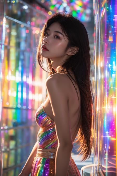 completely_nude,A 28-year-old Asian girl,Upper body view,Surrounded by a vibrant display of rainbows,The background is a complex glass structure,The rainbows create a mesmerizing atmosphere,reflecting off the transparent surfaces,The scene is modern,colorful,and filled with a sense of wonder,Detailed,magical,best quality,masterpiece,illustration,an extremely delicate and beautiful,CG,unity,8k wallpaper,Amazing,finely detail,masterpiece,official art,extremely detailed CG unity 8k wallpaper,incredibly absurdres,huge filesize,ultra-detailed,highres,extremely detailed,beautiful detailed girl,realistic,<lora:rainbow glass_20240305204338:1>,<lora:ZOE_20230707035042:0.8>,