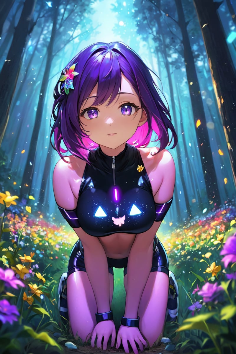 extreemely detailed, light particles floating, kneeling in the forest watching spirits, eerie aura, chromatic aberration, colorful forest lights during night time, oily skin, dynamic angle, colorful glowing flowers, night,hair ornament, intrincate clothing, sexy, high definition photo, ultra detailed skin, ultra detailed face, small skin imperfections, 1girl, Beachy waves, saggy breasts, Athletic body, purple eyes, Maroon hair