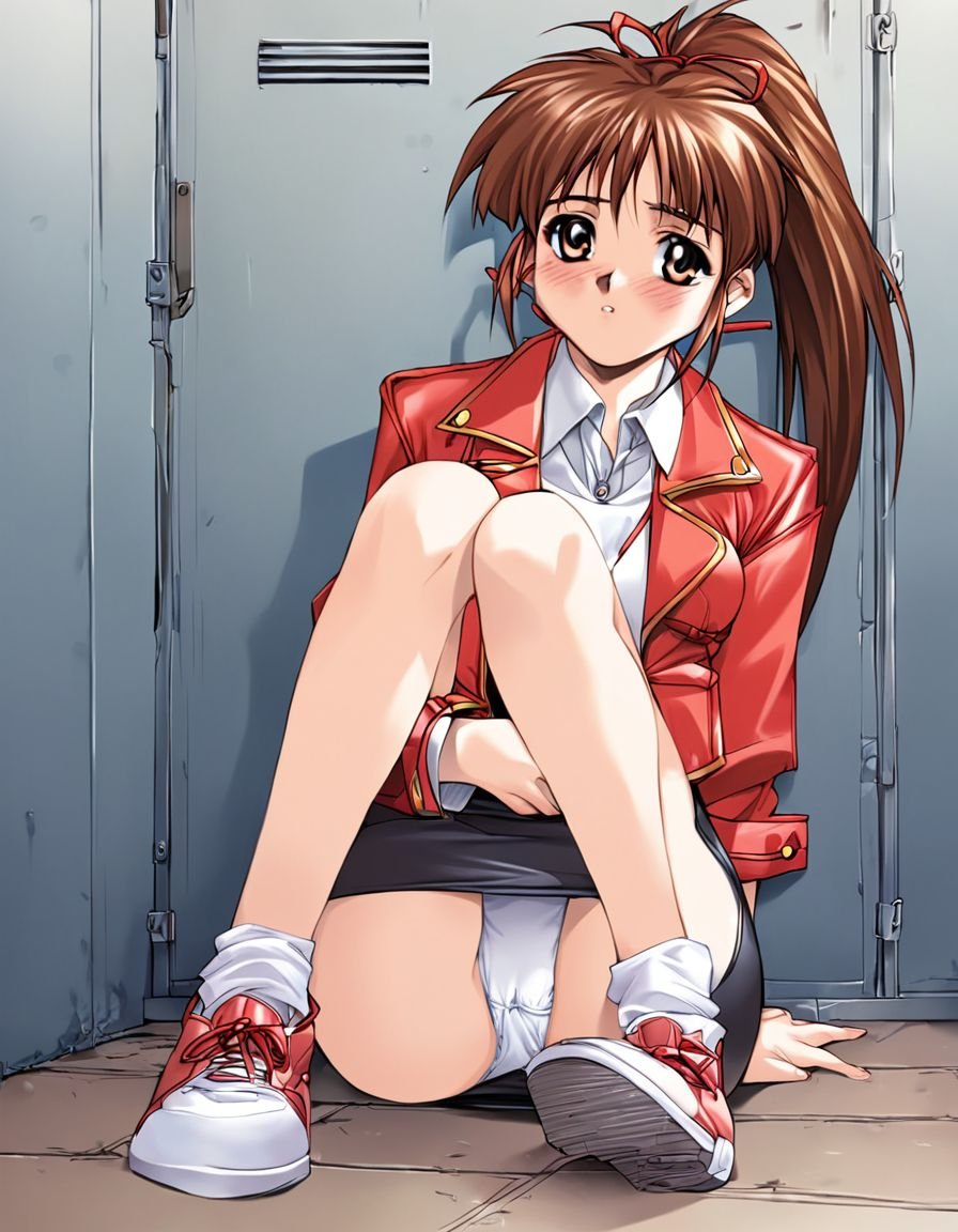 score_9, score_8_up, score_7_up, score_6_up, score_5_up, score_4_up, source_anime, rating_explicit, BREAK <lora:Tanaka_Misa_XL:1> TanakaMisa, 1girl, solo,  ponytail, brown hair, brown eyes, long hair, hair ribbon,  breasts,  room, underwear, panties,  pantyshot, skirt, sitting, sneakers, jacket, shoes, white panties, miniskirt, pencil skirt, ribbon, blush,1990s \(style\),  