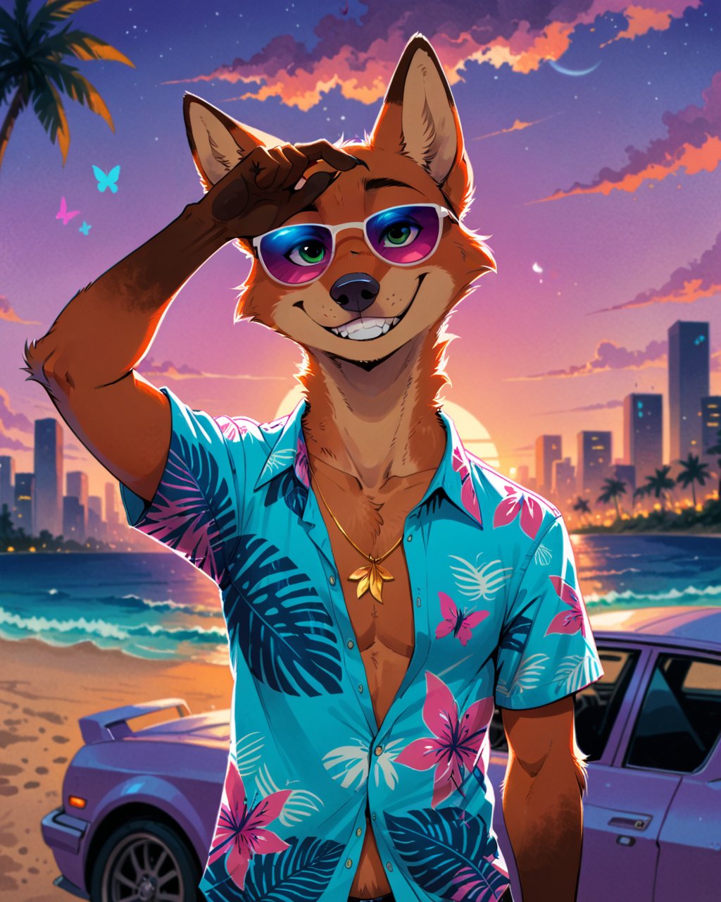 head up, looking_up, half-length portrait, standing, male, nick wilde, sunglasses, hand above head, aloha shirt, smile, teeth, golden necklace, BREAK, vaporwave, subsurface scattering, by Conrad Roset, by M.W. Kaluta, detailed background, detailed foreground, depth of field, ambient silhouette, backlighting, sunset, cityscape, night, planet, beach, plam, cloud, (sport car:0.75), ambient butterfly