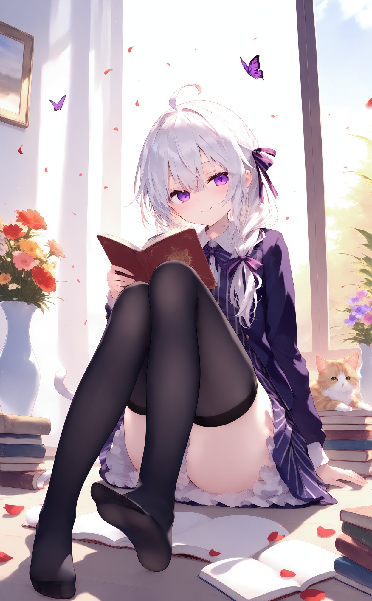 masterpiece,best quality,high quality,(colorful),nai3 Style,loli,nai3 Style,loli,Artist azuuru,1girl,ahoge,thighhighs,book,cat,window,smile,solo,sitting,flower,cup,long hair,black thighhighs,holding,indoors,hair between eyes,purple eyes,striped dress,white hair,day,bow,closed mouth,butterfly,ribbon,long sleeves,vertical-striped dress,petals,dress,vase,no shoes,holding cup,blush,knees up,bug,jacket,cover image,hair ribbon,looking at viewer,hair over shoulder,animal,collared shirt,shirt,holding book,soles,book stack,transparent,