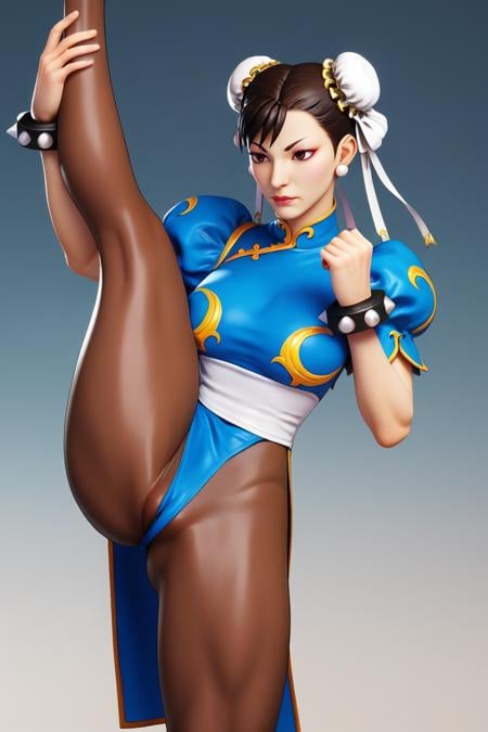 score_9, score_8_up, score_7_up, BREAK, 1girl, breasts, chun-li, pantyhose, thick thighs, leg up, leotard, kicking, gradient background, legs, kneepits, partially visible vulva, 