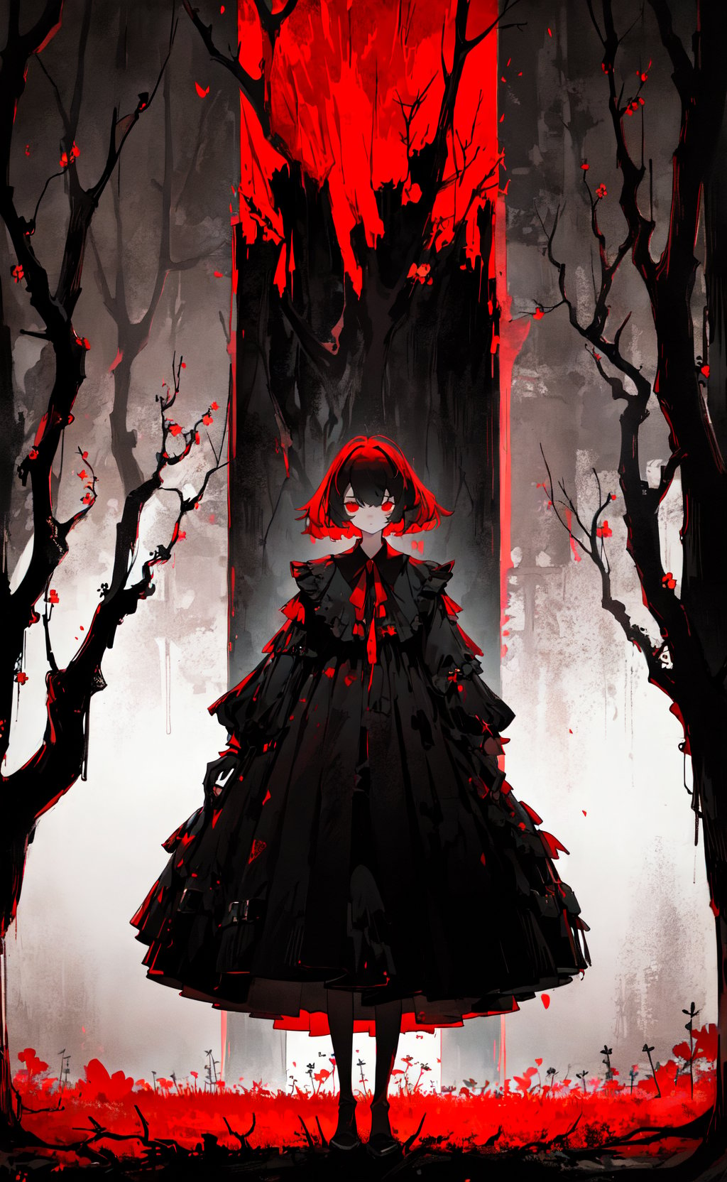 masterpiece, best quality, girl standing under the dead tree, black and red palette, eerie