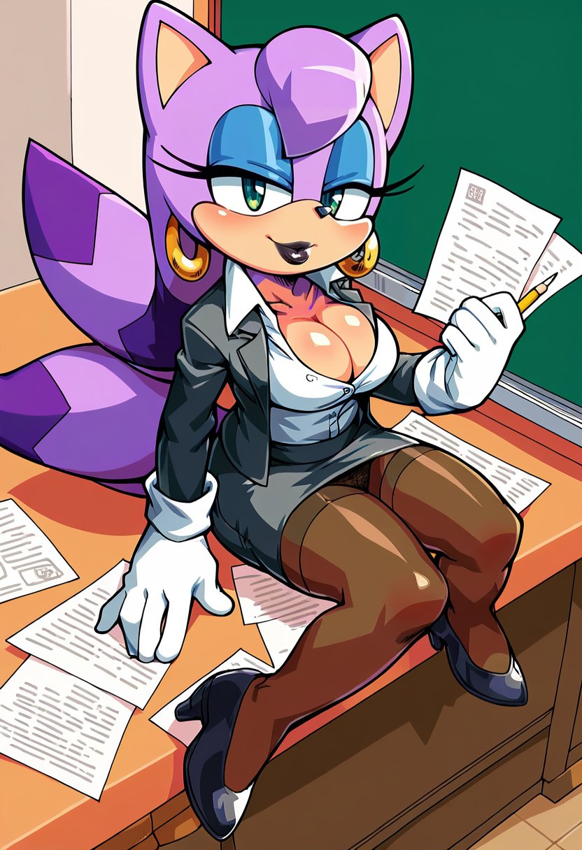 1girl, sega, anthro, furry,  <lora:Tojyo style v1.0:1> aku tojyo, colored picture, detailed picture, mature woman, milf, dark purple fur, white tails, several tails, black eyeshadow,  white gloves, high thighs, high heels shoes, sitting, next to desk, paperwork, short stack, short woman, dark lips, black lipstick, curvy, indoor, inside classroom, large cat ears, holding paper, F mark on paper, seductive, luring viewer, long hair, 1girl, solo, solo focus, female focus,, score_9, score_8_up, score_7_up, score_6_up, score_5_up, score_4_up, zPDXL,  score_9, score_8_up, score_7_up, score_6_up, score_5_up, score_4_up, makeup, perfect eyes, perfect face, detailed face, hoop earrings, glasses, formal, teacher, teacher lady, white shirt, skirt, pencil skirt, thighhighs, pantyhose, high heels, cleavage