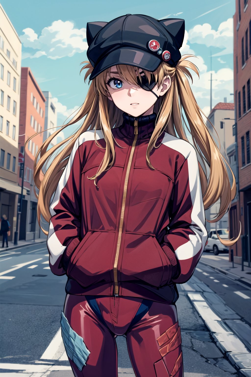 (masterpiece, best quality, detailed), 1girl, solo, outdoors, blue sky, cowboy shot,souryuu asuka langley, red jacket, bodysuit under clothes, cat hat, eyepatch, hands in pockets, (tape)  <lora:AsukaLangleySouryuuV2-000015:1>  <lora:more_details:0.5>