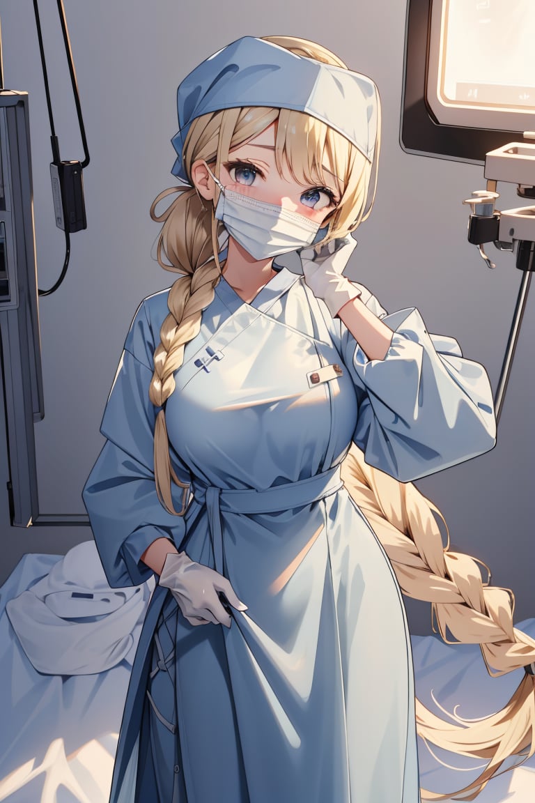 masterpiece, best quality,cowboy_shot, <lora:ConceptClothingSurgicalOutfit1_1:0.65> ((surgical outfit, surgical mask, long sleeves,long dress, surgical cap,latex gloves, folded hair)),  <lora:Mari Yuzuki:0.7> (mari yuzuki, 3dcg_15, 1girl, long_hair, bangs, blush, blonde_hair, large breasts, grey_eyes, single braid, very long hair, braided ponytail),operating table