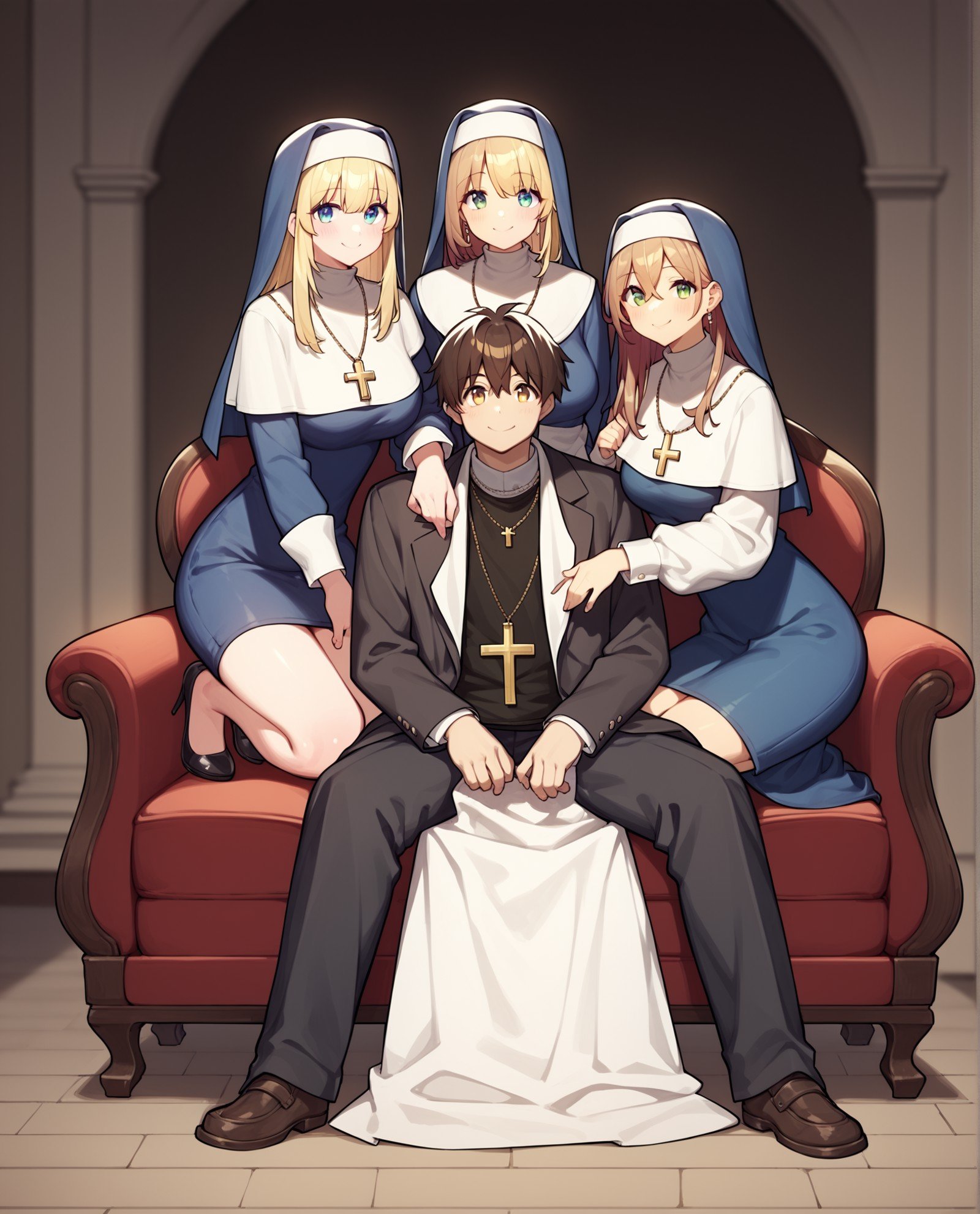 score_9, score_8_up, score_7_up, source_anime, BREAK multiple girls, 1boy, priest, nuns, sitting, full body, smile, looking at viewer, couch, <lora:Harem_King_Pose:1>, rating_safe