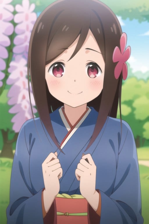 (masterpiece),hitori bocchi, brown hair, long hair, pink eyes, 1girl, solo, japanese clothes, kimono, wisteria, hair ornament, flower, blush, looking at viewer, smile