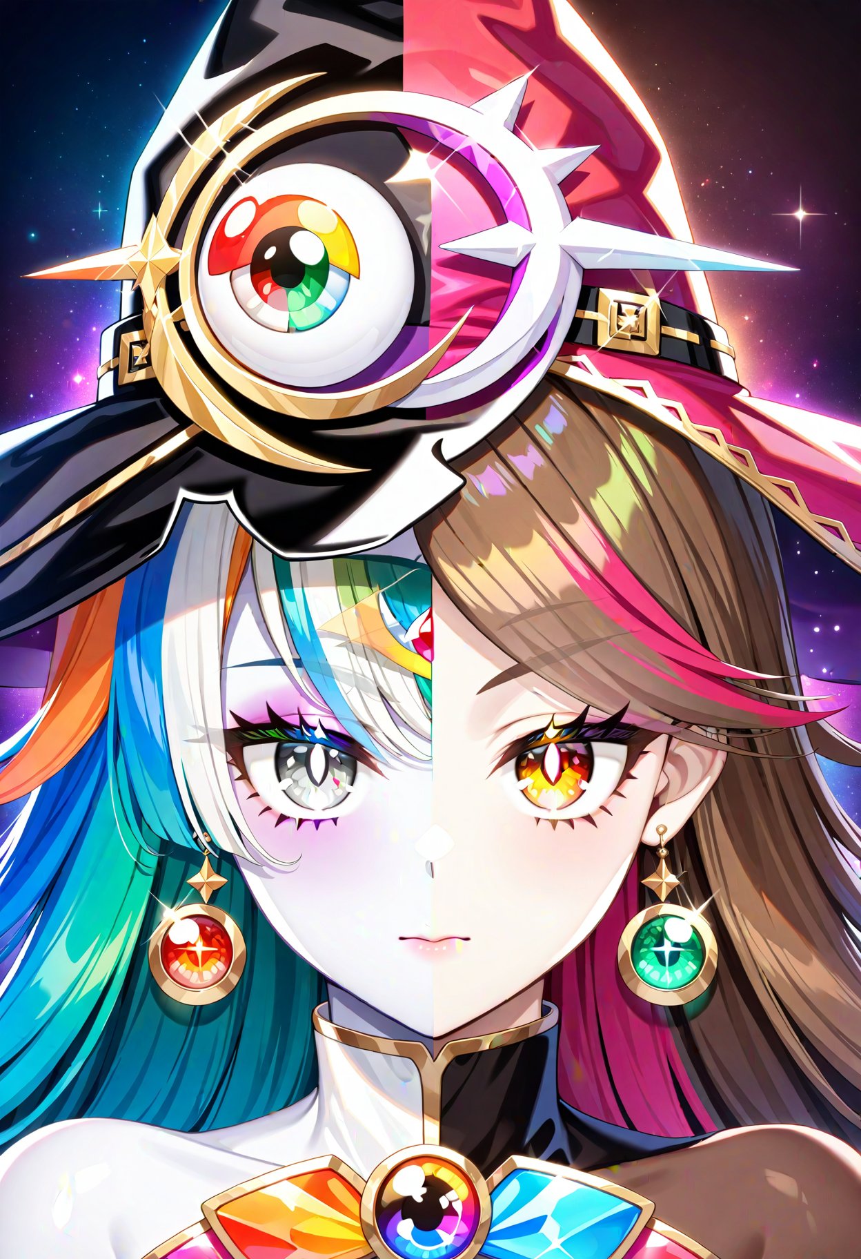 1girl,    jewelry, brooch, green hair, green eyes, looking at viewer, hat, eyeball hat ornament, eyelashes, mismatched pupils, hair between eyes, chest jewel, solo, closed mouth, grey eyes, peaked cap, sidelocks, straight-on, single sidelock, earrings, split theme, brown hair, streaked hair, soul gem, multicolored hair, dark background, witch hat, pale skin, black hat, asymmetrical bangs, long hair, magical girl, orange eyes, blue hair, long bangs, eyes visible through hair, curly hair, heterochromia, tsurime, masterpiece, best quality, newest,  safe