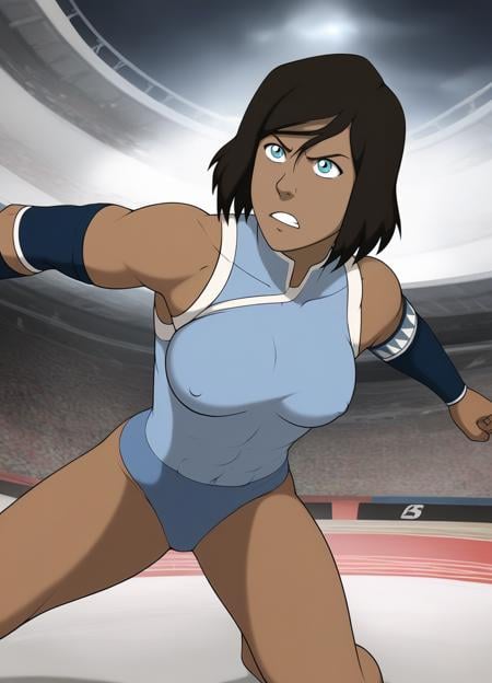 score_9, score_8_up, score_7_up,1girl,korraXL,brown hair,blue eyes,short hair,detailed face,masterpiece,best quality, dark-skinned, wearing a top, <lora:korraXL:1> arena,fighting stance,