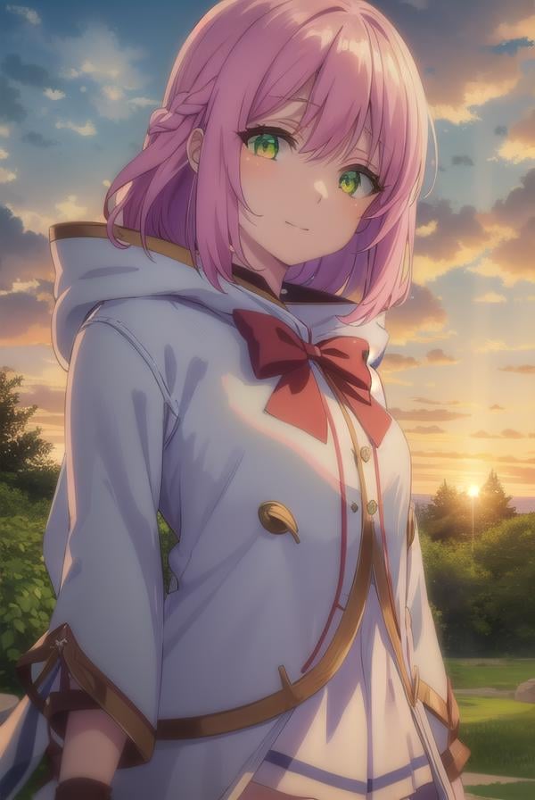 nornclatalissajioral, <lora:norn clatalissa jioral s1-lora-nochekaiser:1>,norn clatalissa jioral, long hair, hair between eyes, (green eyes:1.5), pink hair, smile,BREAK long sleeves, dress, bow, red bow, hood, robe, white robe,BREAK outdoors, forest, nature, grass, trees, sun, sky, clouds,BREAK looking at viewer, (cowboy shot:1.5),BREAK <lyco:GoodHands-beta2:1>, (masterpiece:1.2), best quality, high resolution, unity 8k wallpaper, (illustration:0.8), (beautiful detailed eyes:1.6), extremely detailed face, perfect lighting, extremely detailed CG, (perfect hands, perfect anatomy),