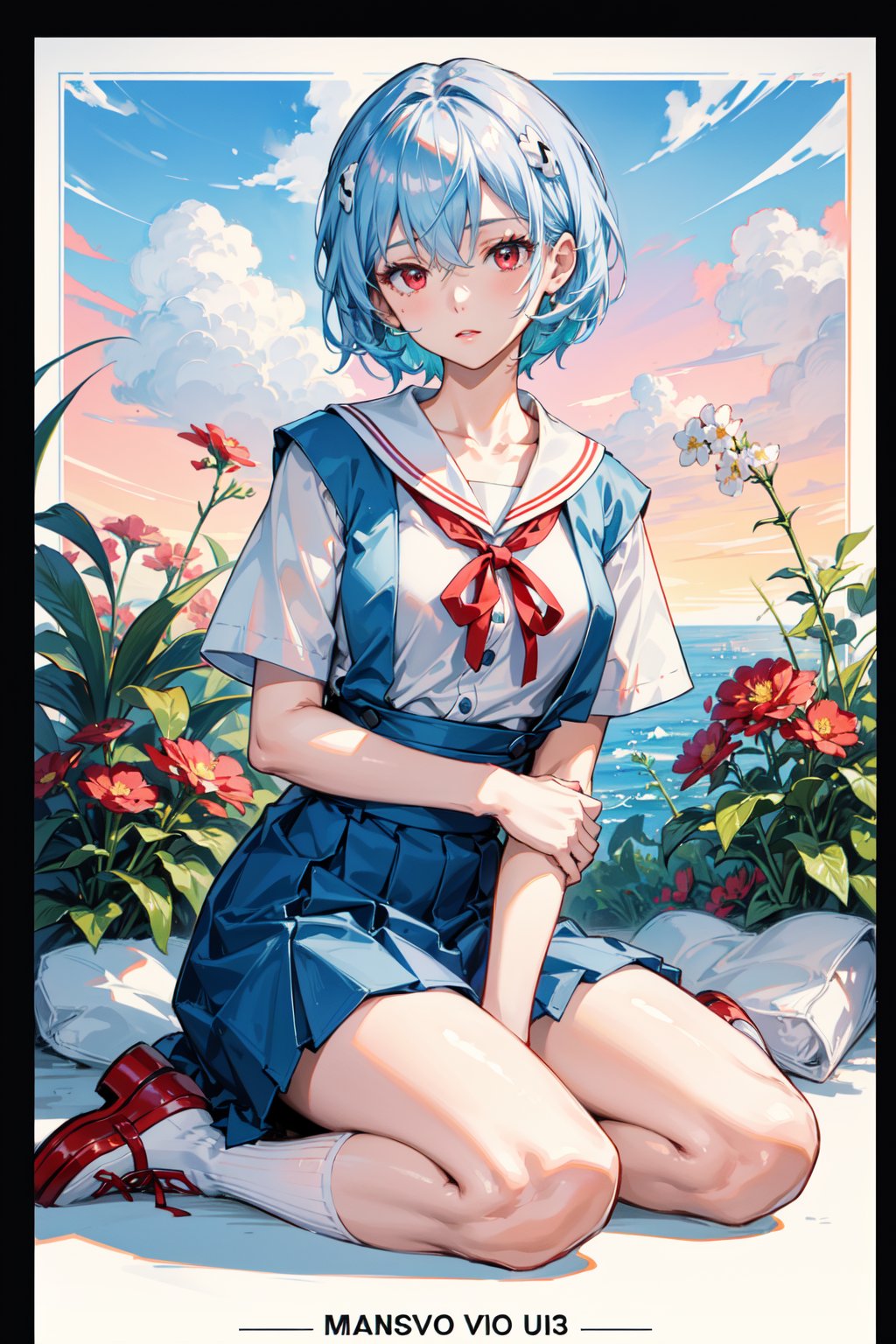 <lora:Rei-000011:0.6>,Rei CYQL,1girl,looking at viewer,solo,blue hair,red eyes,hair between eyes,medium breasts,(Rei School,short hair,tokyo-3 middle school uniform,collarbone,white shirt,short sleeves,red ribbon,white sailor collar,blue skirt,suspender skirt,black socks,white shoes),(giggling:1.2),beautiful face,beautiful eyes,glossy skin,shiny skin,(upper_body,foreshortening,seiza:1.2),shushing,Meditation cushion, Yoga mat, Incense burner, Relaxing music, Plants,Poppies, Watercolor paints, Morning light, Artistry, Tranquility,beautiful detailed sky,beautiful detailed glow,(English text:1.3),(border:1.5),posing in front of a colorful and dynamic background,(masterpiece, best quality, beautiful and aesthetic:1.3),contrapposto,female focus,fine fabric emphasis,wallpaper,fashion,Lipstick,depth of field,intricate_detail,finely_detailed,fine_fabric_emphasis,(glossy),<lora:增强减少细节add_detail:0.3>,