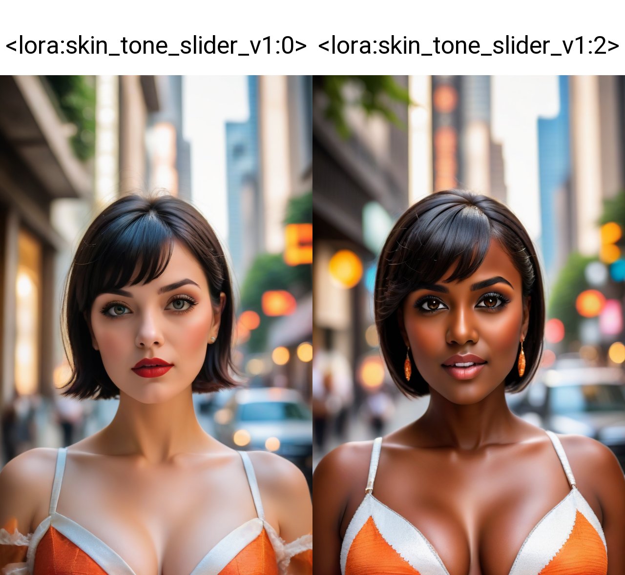 (best quality,4k,8k,highres,masterpiece:1.2),ultra-detailed,(realistic,photorealistic,photo-realistic:1.37), 1girl, solo, looking at viewer, short hair, (large breasts:2), bangs, black hair, orange dress, parted lips, (orange and white dress:1.2), professional photography, portrait  <lora:skin_tone_slider_v1:0>