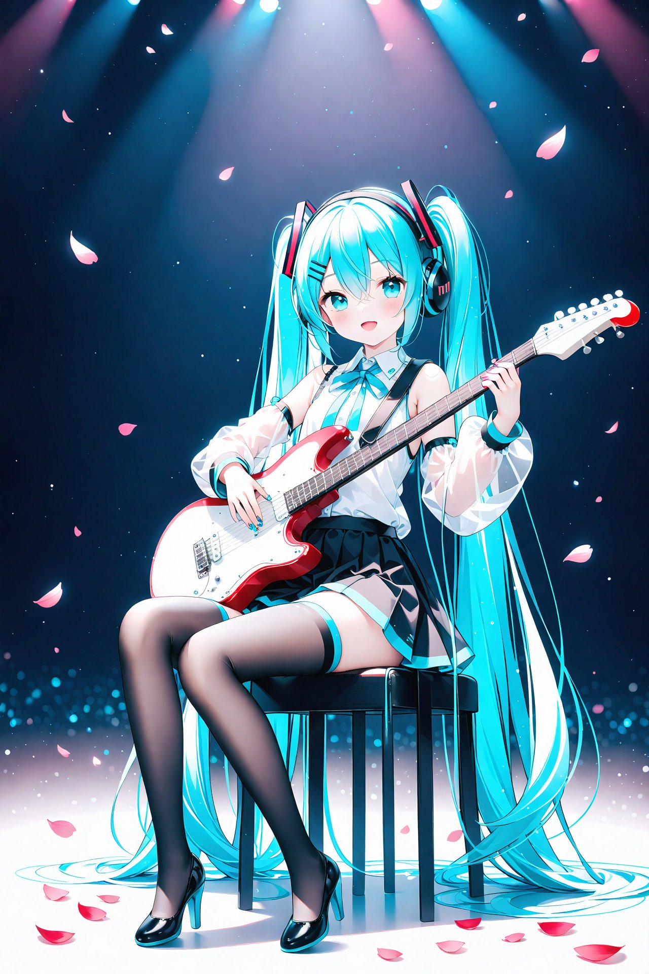 masterpiece,best quality,high quality,(colorful),1girl,loli,instrument,solo,long hair,hatsune miku,skirt,thighhighs,twintails,shirt,very long hair,detached sleeves,sitting,neck ribbon,black skirt,headphones,white shirt,ribbon,high heels,playing instrument,sleeveless shirt,aqua ribbon,pleated skirt,miniskirt,guitar,black thighhighs,holding,music,full body,sleeveless,holding instrument,aqua hair,see-through,black footwear,petals,layered sleeves,see-through sleeves,zettai ryouiki,open mouth,bare shoulders,hair between eyes,stool,black sleeves,looking at viewer,long sleeves,aqua eyes,hair ornament,nail polish,collared shirt,white sleeves,electric guitar,see-through legwear,smile,