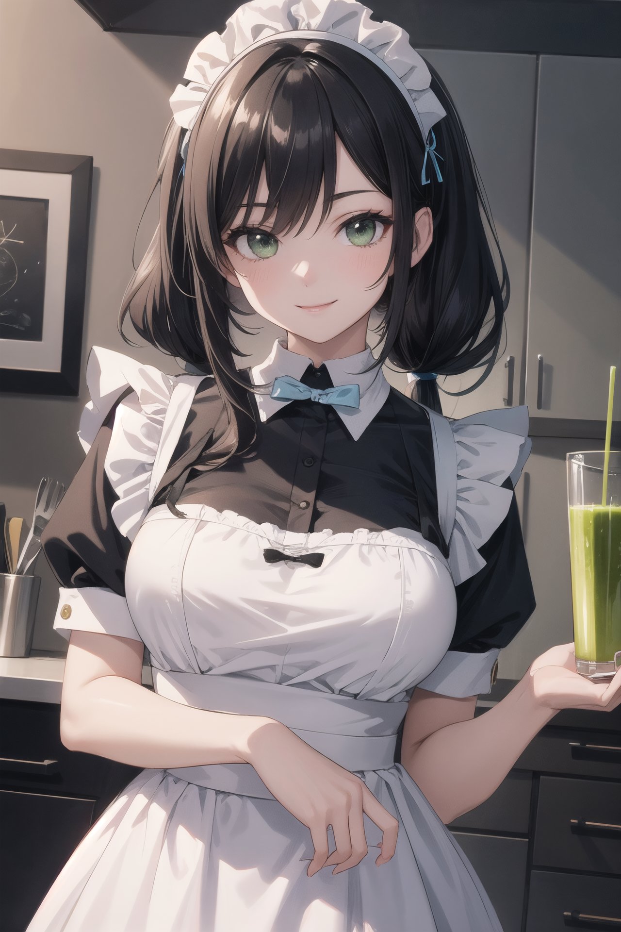 sfw, masterpiece, (best quality, ultra-detailed:1.6), (ultra high res:1.4),super fine (anime painting),(sharp focus), (insanely detailed:1.3),(detailed face:1.1),(perfect anatomy), delicate (cel animation),BREAK1girl, cute anime face,(smile:0.9),look at viewer, (maid costume),(maid hairband:1.0),white maid apron, (maid costume),breasts,long black hair,pony tail,holding (a big grassed mug) by both hands,naughty smile,lolioppai,BREAK(she serving me rich (green fresh_juice:1.2).),kitchen,