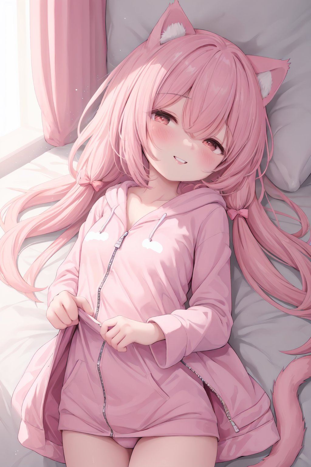 1 cat girl,cat ears,(cat tail:1.1),smile,parted lips,sleepy,kemomimi hood,full-length zipper,onesie pajamas,kigurumi,lying on back,bedroom,warm morning sunshine,sharp focus,looking at viewer,cowboy shot,(intricate:1.1),(light pink theme:1.1),(light pink tone:1.1),orange tone,illustration,