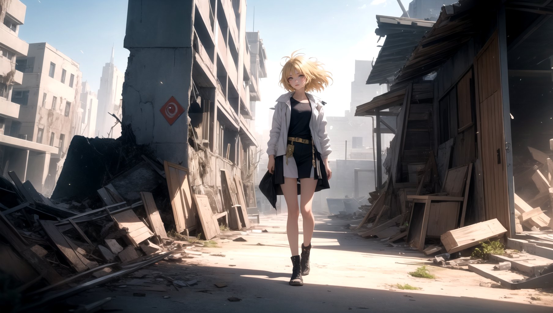 (masterpiece, best quality), 1girl, solo, blonde hair, golden eyes, sidelocks, fantasy, post-apocalypse, ruins, scenery, light particle, messy hair,