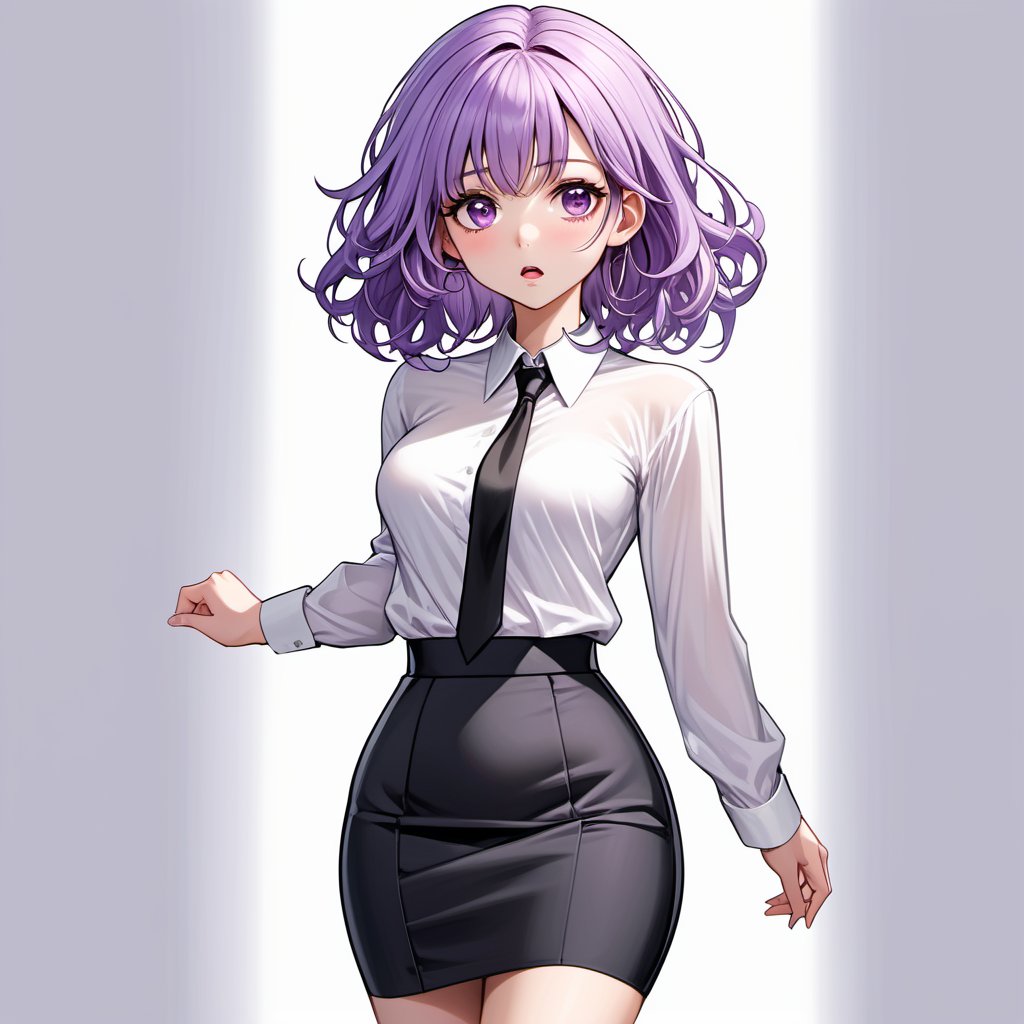 Masterpiece,  high quality, 1 pretty,  lovely girl,  white skin,  light purple hair,  shoulder-length hair,  light curls,  wearing a white shirt and a long black pencil skirt,  (((scared))),  Super Detail,  Full HD