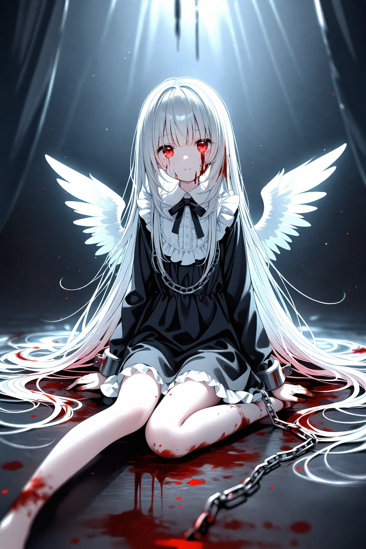 (masterpiece),(best quality),illustration,ultra detailed,hdr,Depth of field,(colorful),loli,1girl,solo,wings,blood,long hair,sitting,chain,red eyes,blood on hands,feathered wings,barefoot,blood on face,blood from eyes,dress,long sleeves,cuffs,feathers,frills,looking at viewer,very long hair,white wings,bandages,shackles,bangs,