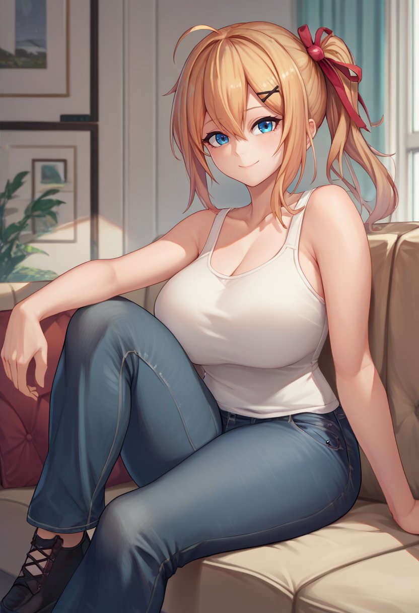 score_9, score_8_up, score_7_up, source_anime, solo, 1girl, gflkalina, smile, looking at viewer, sitting, couch, ahoge, side ponytail, x hair ornament, hair ribbon, red ribbon, hairclip, white tank top, jeans, bare shoulders, large breasts, indoors, living room <lora:gfl_kalina_ponyXL:1>