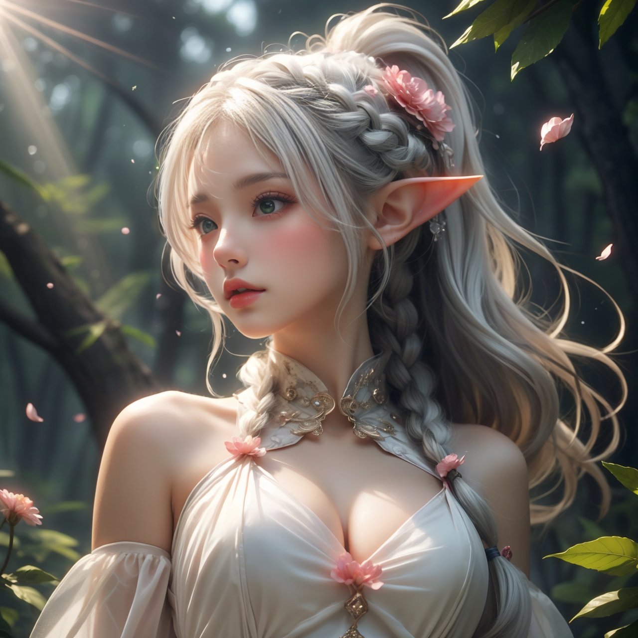 (masterpiece, best quality, high quality, highres, ultra-detailed), realistic, , , 1 sweet girl, the greater lord rukkhadevata, (side braid:1.1), long hair, ((white hair)), leaf hair ornament, (pointy ears), elf, green eyes, pale skin, bare shoulders, (medium breasts), (cleavage:1.1), jewelry, white long dress, (detached sleeves:1.1), bracelet, (looking away:1.2), (hair floating:1.3), from side, , (in forest:1.3), (pink flowers:1.1), (falling petals:1.1), (lens flare from right:1.2), (god rays from right:1.2)