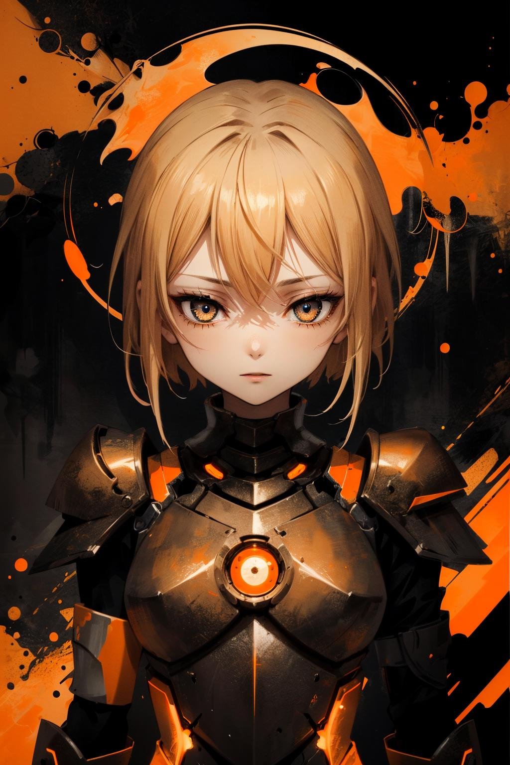 (masterpiece:1.1), (highest quality:1.1), (HDR:1.0), (1girl), blonde hair, (armor, metal, powerful, abstract:1.2), (orange theme:1.5), detailed eyes, ready eyes, looking at viewer, electric eyes, expressive, desire