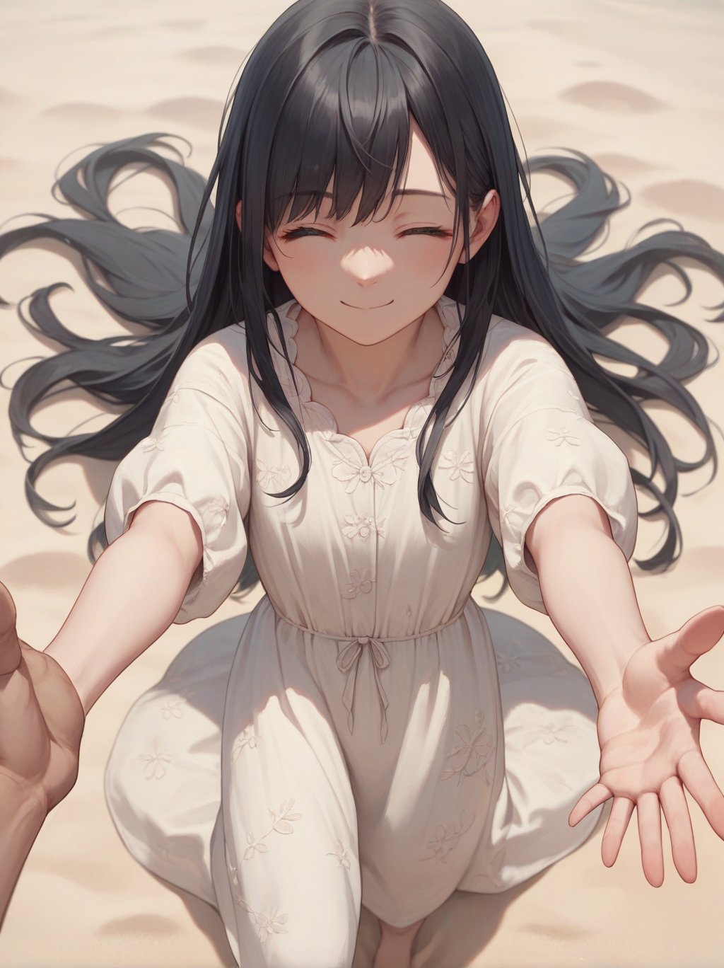 score_9, score_8_up, score_7_up, score_6_up, source_anime, <lora:linen_dress_v0.1-pony:1> 1girl, long hair, black hair,  linen dress, pov, perspective, from above, reaching, closed mouth, sand, pov hand, smile, closed eyes, 