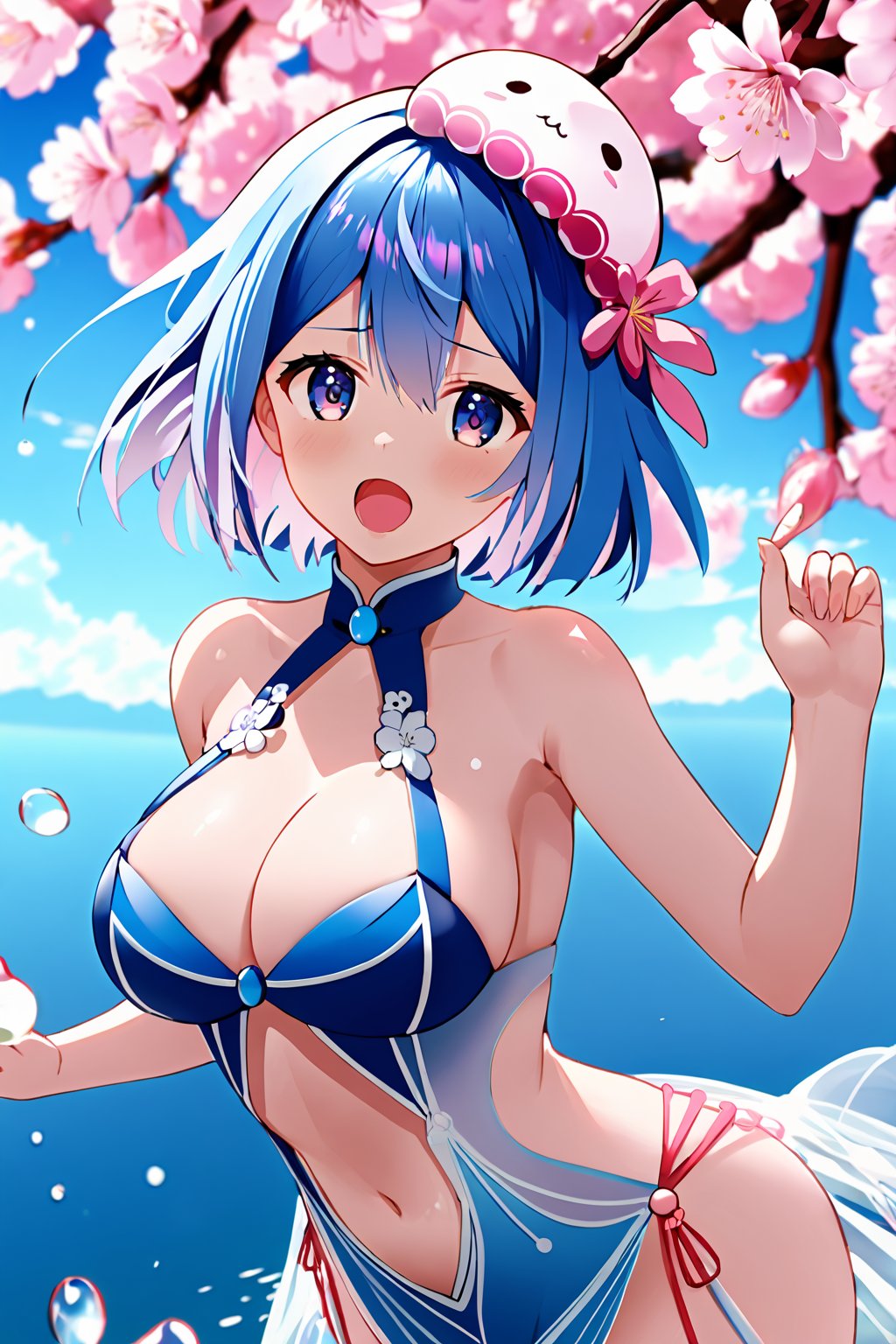 ray tracing, {best quality}, {{masterpiece}}, {highres}, original, extremely detailed 8K wallpaper, {an extremely delicate and beautiful}, extremely detailed CG unity 8k wallpaper, Cherry blossoms, large breasts, blue hair, short hair, pink headwear, jellyfish headwear, cum in breasts, paizuri, (paizuri to shota's penis:1.3), cum in mouth, vary_lots_of_semen, (cum:1.3),open mouth, tongue, breast grab<lora:EMS-321540-EMS:1.000000>