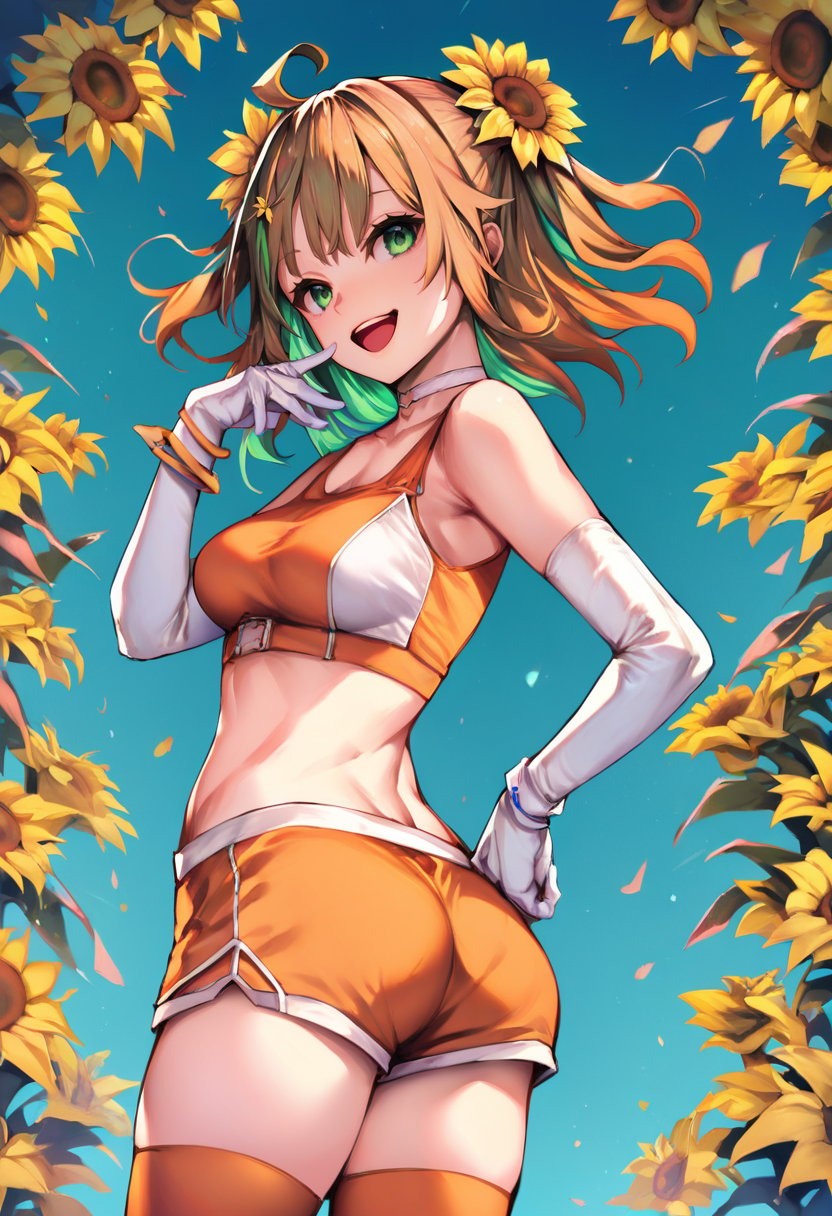 score_9, score_8_up, score_7_up, score_6_up,  <lora:michikingV2XL_P6_lokr_V2234:0.95> 1girl, gloves, solo, green eyes, white gloves, virtual youtuber, flower, hair flower, hair ornament, ahoge, smile, shorts, looking at viewer, open mouth, brown hair, hand on hip, orange thighhighs, sunflower hair ornament, two side up, midriff, bangs, multicolored hair, colored inner hair, shirt, breasts, skirt, ass, short hair, orange hair, orange shorts, elbow gloves, bracelet, sunflower, :d, short shorts, twintails, cowboy shot, hand up, choker, crop top, green hair