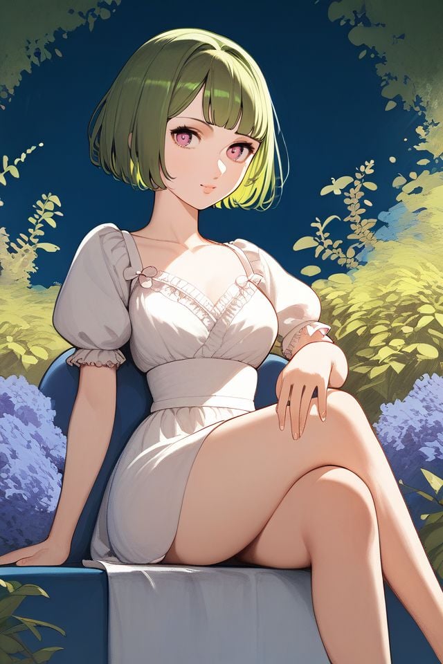 score_9, score_8_up, score_7_up, 1girl, light_green hair, short_bangs, pink eyes, crossed legs, beautiful background <lora:Osamu_Tezuka_PonyXL_style_v01.10.02.02:1>