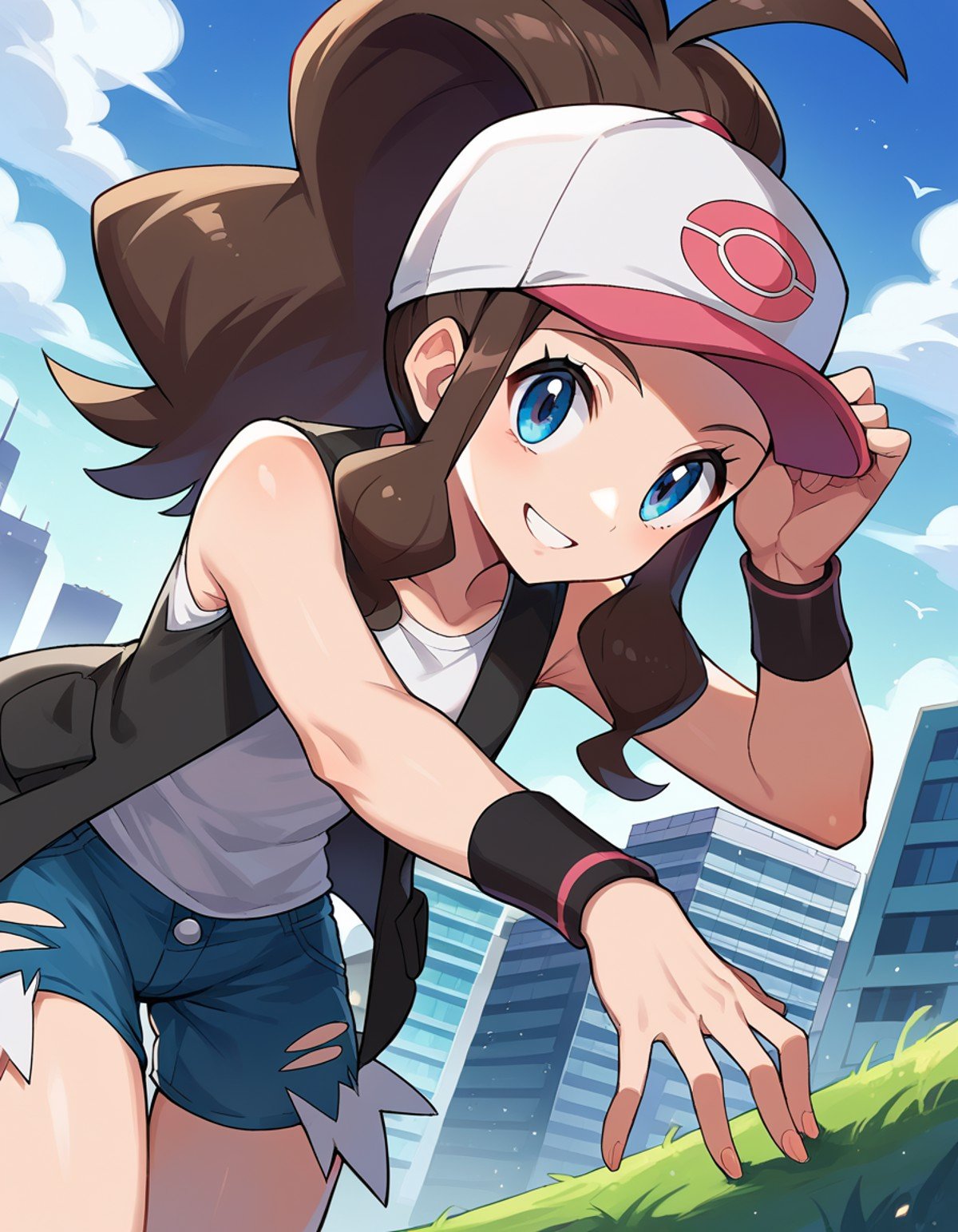 score_9, score_8_up, score_7_up, source_anime,pokemonhilda, <lora:pokemon-hilda-ponyxl-lora-nochekaiser:1>pokemonhilda, blue eyes, brown hair, long hair, ponytail, smile,baseball cap, blue shorts, denim, hat, shorts, vest, wristband, sleeveless, black vest, white shirt, shirt,outdoors, cityscape, bent over,looking at viewer, dutch angle, cowboy shot,