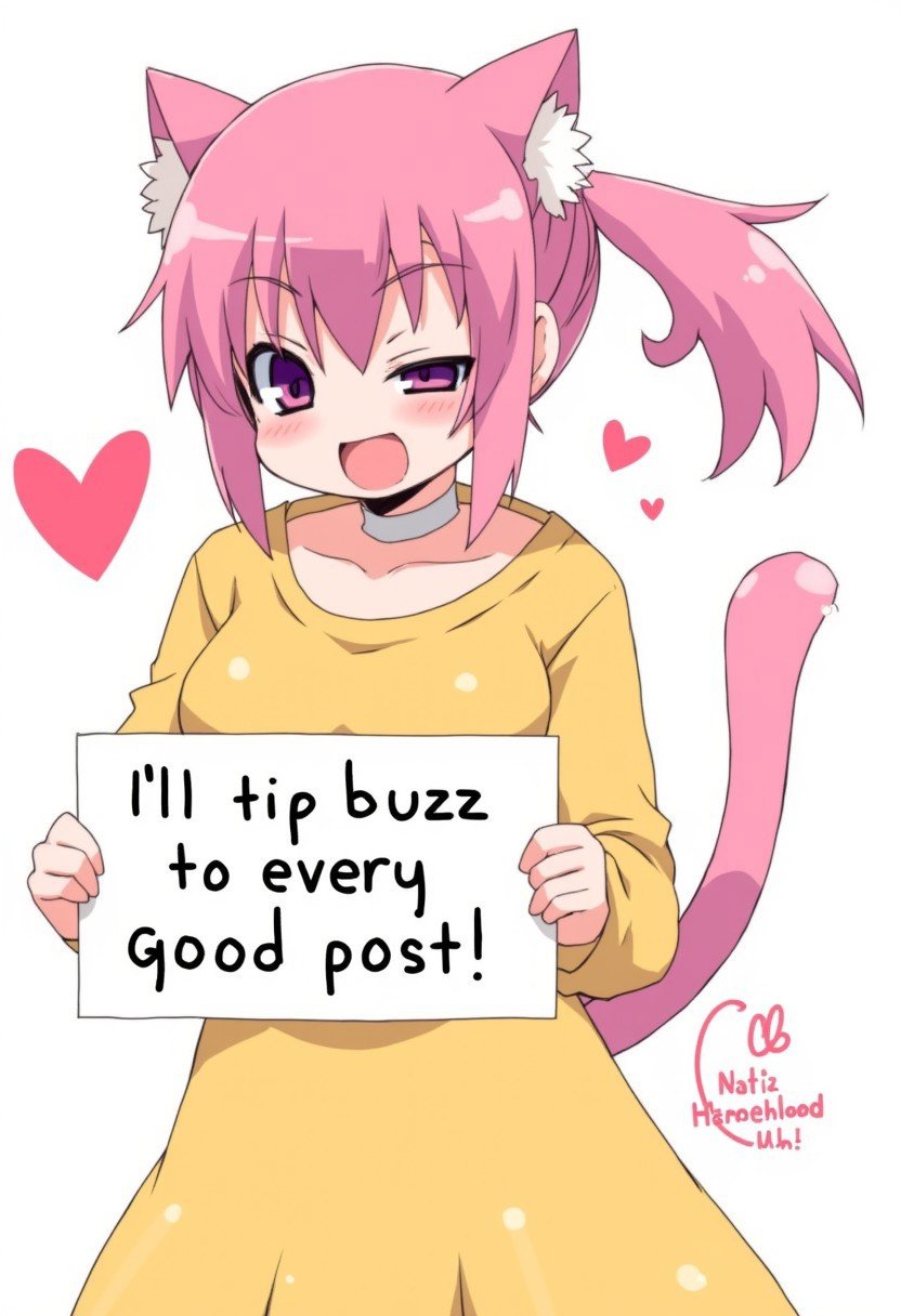 zankuro, medium breasts, smile, deathlock-san, 1girl, short hair, pink hair, cat ears, ponytail, yellow dress, upper body, hearts,holding sign that says "I'll tip buzz to every good post"