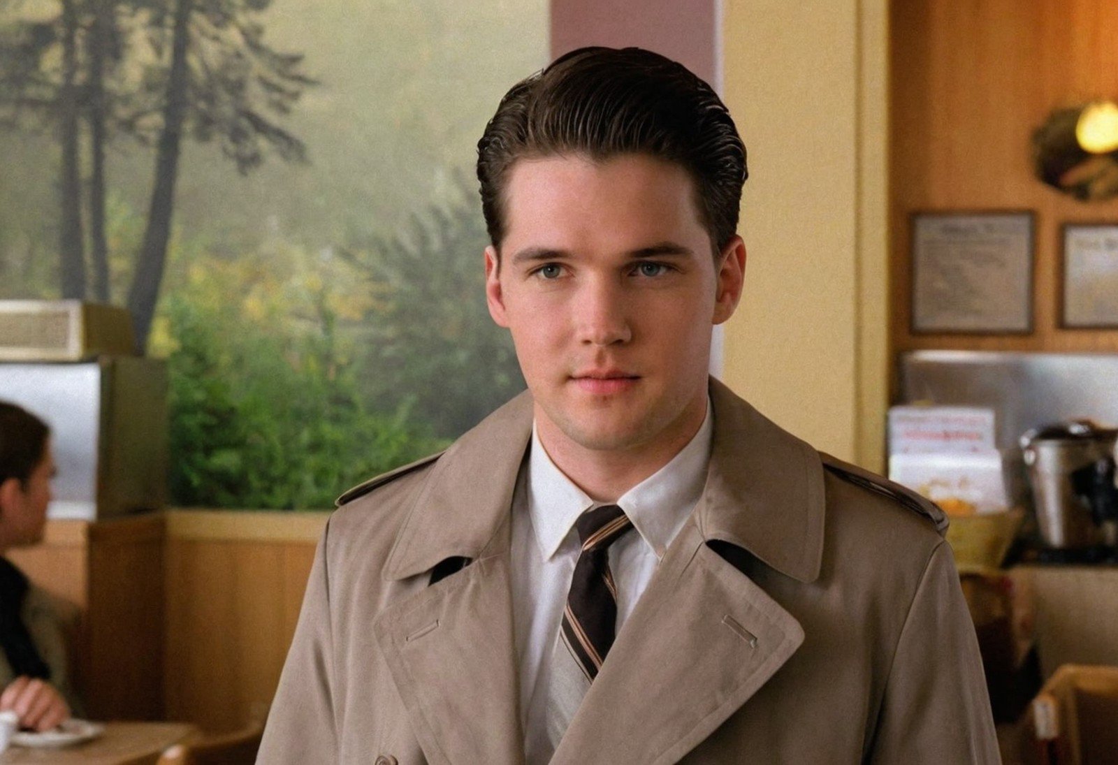 CineTwinPeaks, man, trench coat, restaurant, indoors