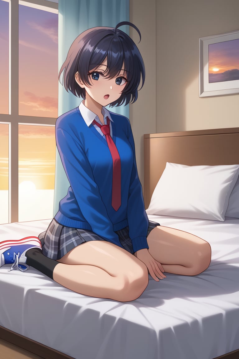 Highly detailed, High Quality, masterpiece, beautiful, 1girl, solo, (feminine focus, young woman, 16 years old), niki ookuma, short hair, black hair, ahoge, (black eyes:1.5), (detailed eyes, perfect eyes, pupils), mini skirt, school uniform, necktie, shoes, socks, (white_blouse, tie inside sweatshirt, skyblue sweater:1.5), plaid skirt, black socks, sneakers, curtains, bed, Open window, sunrise, sitting in bed, looking_at_viewer, open_mouth, full_body, Motion Blur, side_view<lora:EMS-409892-EMS:0.800000>, <lora:EMS-397136-EMS:0.900000>