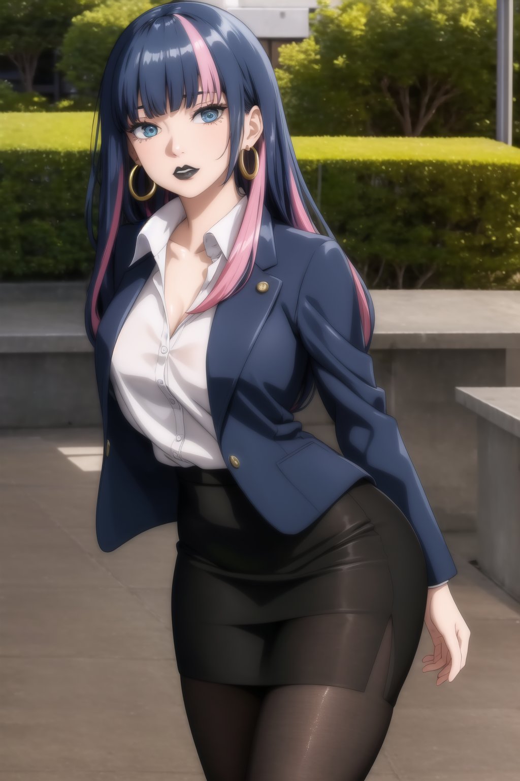 masterpiece, best quality, highres,Sexy,black lips:1.3, makeup:1.2, lipstick:1.2,eida, long hair, blue eyes, blue hair, pink hair, multicolored hair, blunt bangs, two-tone hair, earrings ,hoop earrings, formal:1.2, office lady,, black suit, white shirt, open suit, black pencil skirt, pantyhose, elegant, outdoors, modern, looking at viewer, best quality, ,lips<lora:EMS-40430-EMS:0.500000>, <lora:EMS-401523-EMS:0.800000>, <lora:EMS-93-EMS:0.400000>