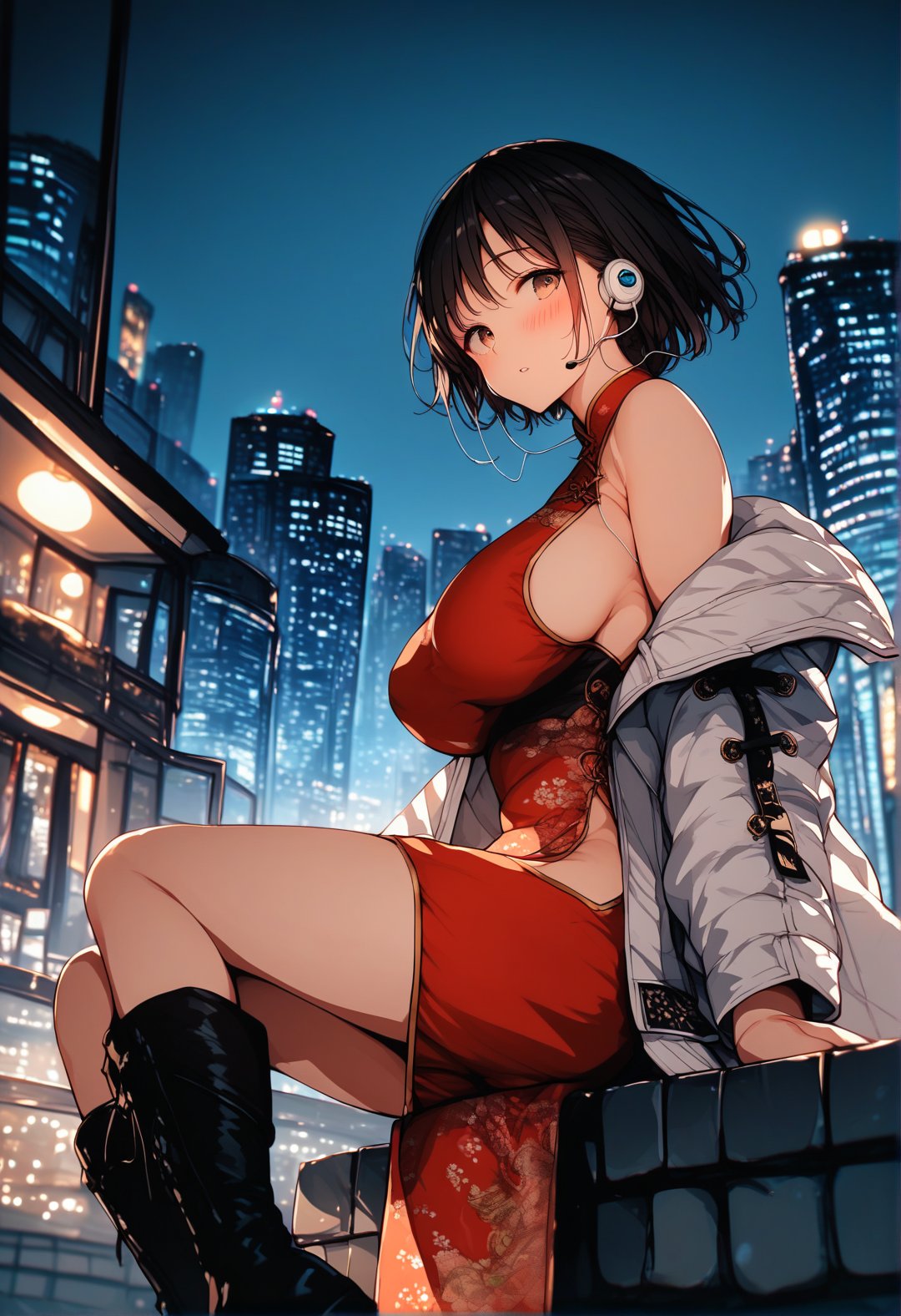 score_9, score_8_up, score_7_up, score_6_up, source_anime, <lora:BLE 0.1v:1>, BLE, 1girl, solo, breasts, looking at viewer, blush, short hair, black hair, long sleeves, dress, bare shoulders, sitting, huge breasts, revealing clothes,  brown eyes, jacket, outdoors, parted lips, boots, open clothes, sleeveless, black footwear, off shoulder, blurry, open jacket, from side, looking to the side, sleeveless dress, night, white jacket, chinese clothes, red dress, building, china dress, side slit, city, cityscape, earphones, print dress, city lights, angle,